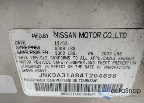 2004 Infiniti I35 Luxury z USA, uszkodzony, nr VIN JNKDA31A84T204698